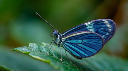 Fototapeta premium Stunning Blue Butterfly Detailed Macro Photography Vibrant Nature Insect Wings Close Up Green Leaf Tropical Wildlife Beauty Amazing Creature Detailed Pattern art fauna color image 