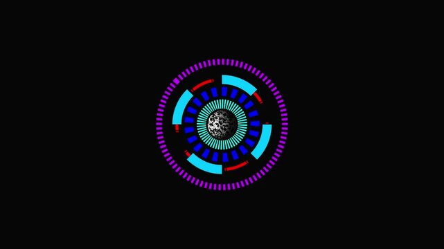 Futuristic Digital Interface HUD Element glowing circular HUD interface with sci- design, featuring neon blue rotating elements on black background,