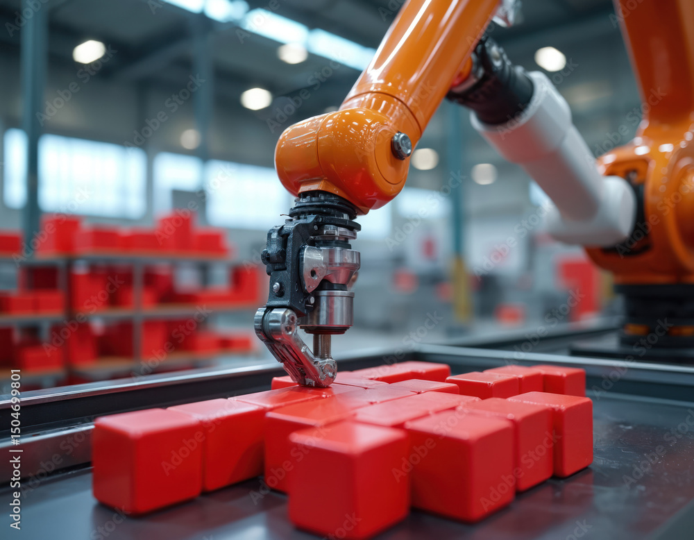 Fototapete robotic arm manipulator moves red toy blocks at modern industrial robot trade show exhibition. pick 