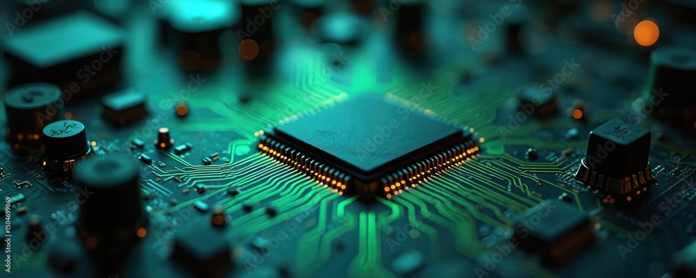 Poster close-up circuit board featuring microchip, electrical components. tech theme includes computer proc