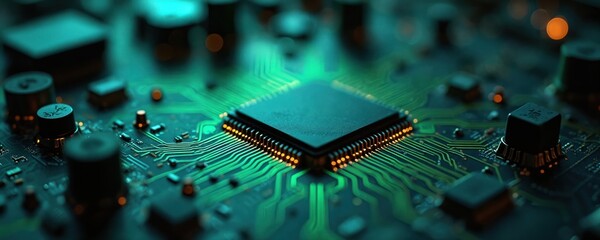 Close-up circuit board featuring microchip, electrical components. Tech theme includes computer processor, integrated circuit, modern digital technology. Illustrates tech, hardware, data processing,