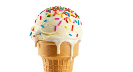 Vanilla ice cream cone with colorful sprinkles delicious summer treat food photography dessert sweet snack isolated on transparent background