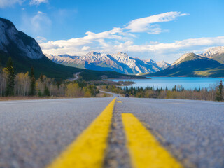 Asphalt road. High mountains on the horizon. The direction of travel. Vacation and traveling by car. Wallpaper, background, postcard. Nature and infrastructure.