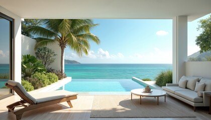Luxury villa terrace with lounge chair, sofa overlooking ocean view. Modern beach house with infinity pool, vacation, travel, relaxation. Sunny day, tropical vacation spot. Summer vibes, resort,