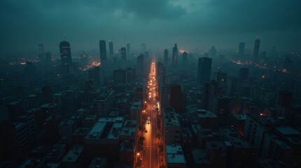 Fototapeta premium Dark cityscape during power outage with only one lit street, aerial view, futuristic urban blackout night
