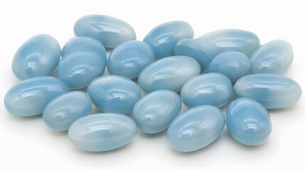 Pile of Light Blue Oval Glass Stones, Smooth, Shiny, Abstract Background