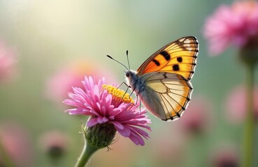 Closeup photo butterfly sitting on pink flower in sunny summer garden. Delicate insect, vibrant colors. Nature scenery, beauty, floral background. Macro details, wildlife photography.
