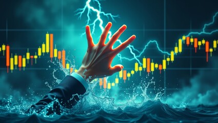 Dramatic digital illustration of a hand reaching out from turbulent water amidst financial graphs symbolizing crisis and market volatility