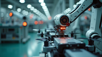 Robotic arm assembling drone in modern factory, advanced automation in smart manufacturing industry