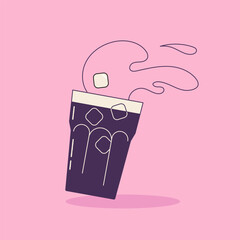 Hand drawn cartoon of iced coffee glass with splash and ice cubes. 