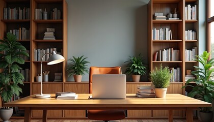 Cozy home office setup with laptop, bookshelf, plants. Modern pro interior design for remote work, online communication, freelance. Empty workplace for business. Virtual background for video call.