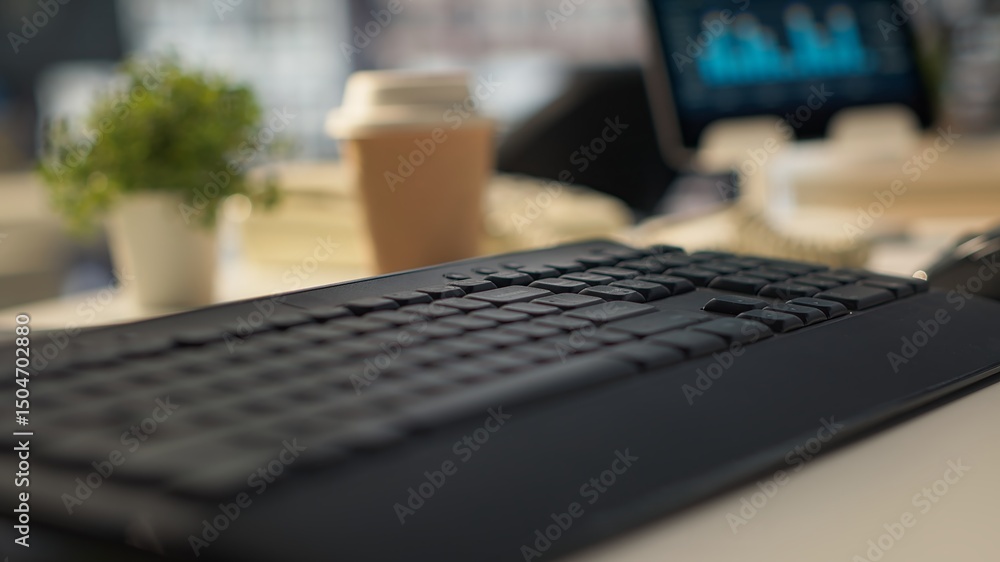 Poster empty business space equipped with advanced high tech tools to serve an enterprise, workspace in a m