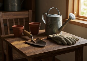 Vintage Gardening Tools and Supplies on Rustic Wooden Table