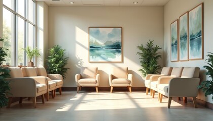 Fototapeta premium Watercolor hospital waiting room with beige comfortable chairs. Light interior design, calming artwork landscape painting on the wall. Natural light from big window with plants. Calm atmosphere.