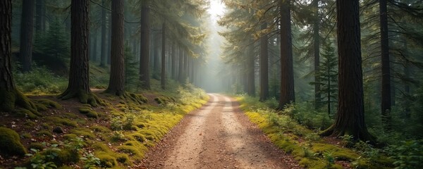 Obraz premium Scenic bike trail winds through pine forest. Sunlight filters through tall trees, creating dreamy atmosphere. Pathway for active recreation, hiking, mountain biking nature exploration. Eco tourism,