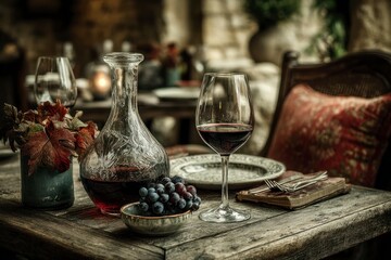 Elegant Wine Tasting Setup with Glass Decanter Grapes and Vintage Tableware for Cozy Dining A