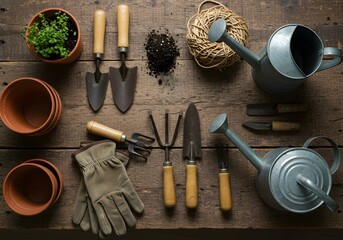 Vintage Gardening Tools and Supplies on Rustic Wooden Table