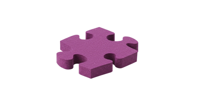 Isolated purple puzzle piece on black background for jigsaw games and problem solving concepts and design on transparent background
