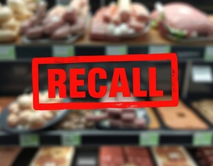 Red recall sign over blurred display vegetarian meat products in store. Food safety concept. Consumer protection, product defect health risk warning. Recall event, faulty product, safety hazard. Food