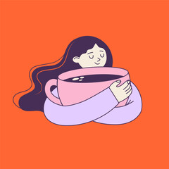 Cute hand drawn cartoon of girl hugging oversized coffee cup. 
