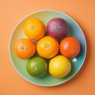 Variety Of Citrus Fruits Plate Healthy Food Color Image
