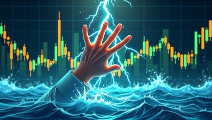 Struggling hand emerging from turbulent waters in front of colorful financial graphs and charts depicting market volatility and economic crisis