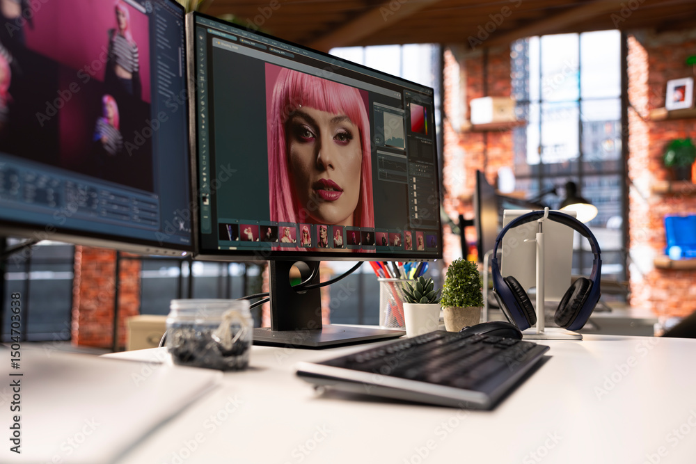 Poster professional studio setup for ai generated content and photography editing. empty workspace with mon