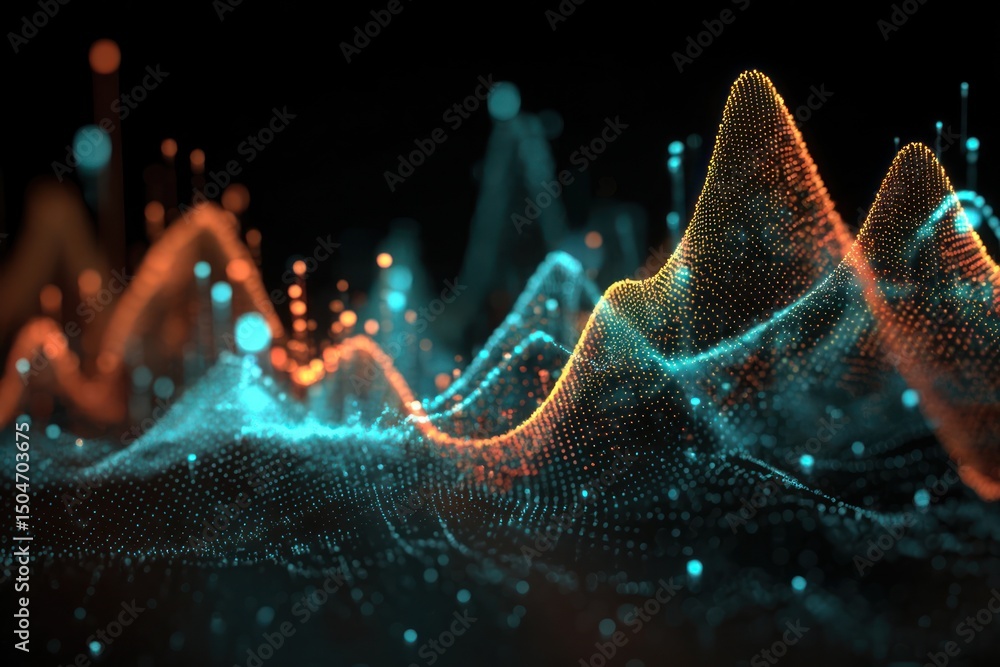Wall mural abstract data visualization with orange and blue waves on a black background creating a digital land