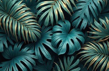 Obraz premium Digital artwork features teal palm leaves with gold accents. Luxury wallpaper design, artistic backdrop, perfect for invitations, posters, textile prints. Modern abstract art, tropical aesthetic,
