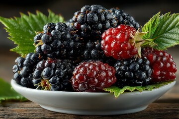 Fresh Berries in a Bowl with Green Leaves Healthy Eating Organic Food Dark and Red Fruits C