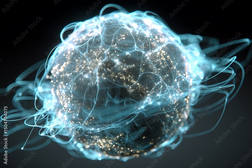 Canvas Prints a glowing sphere with internal lights and swirling blue lines against a dark gray background showing