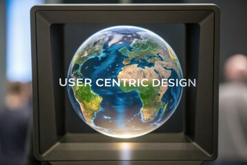 Digital transformation AR and User experience Concept, A globe displayed in a modern frame emphasizing user-centric design principles.