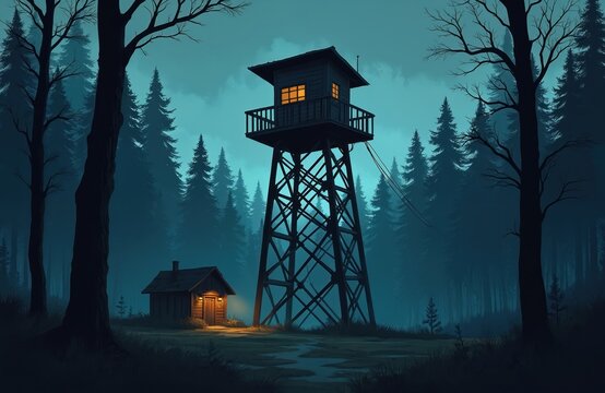 Illustration firewatch tower in forest. Blue hour landscape, fog, trees, no people. High lookout structure, wooden building with glowing light in window. Wooden cabin at base of tower.