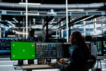 Server hub expert using AI programming language on chroma key computer to configure specialized hardware. Data center engineer using artificial intelligence neural networks on isolated screen PC