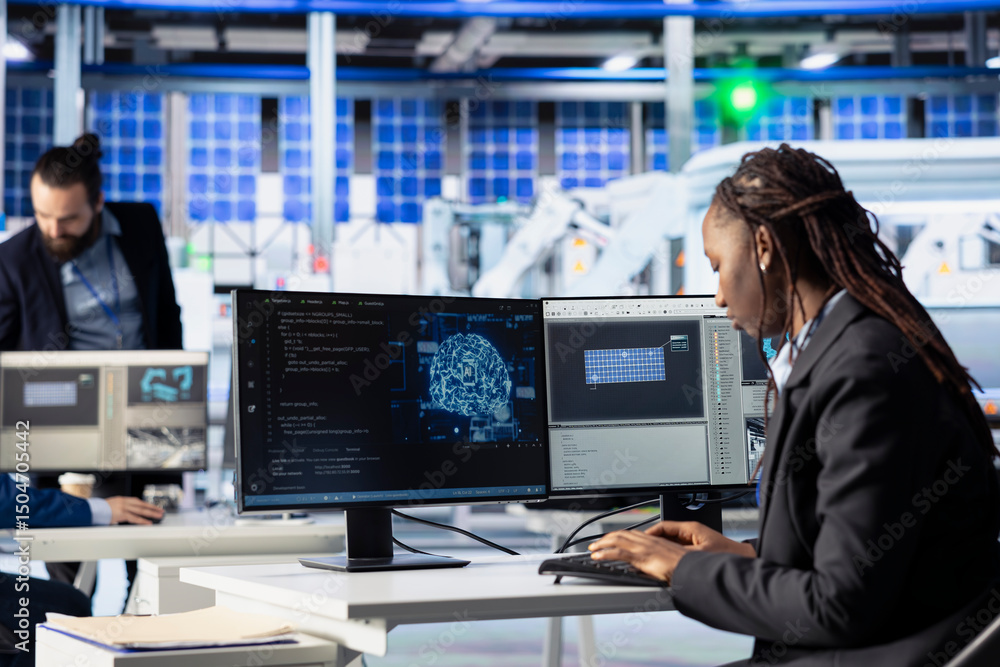 Poster factory worker writing ai code at workstation in photovoltaic plant, creating predictive maintenance