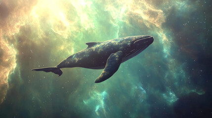 Fototapeta premium Cosmic whale swimming through colorful nebula clouds in surreal outer space fantasy illustration for mystical and sci-fi themed designs