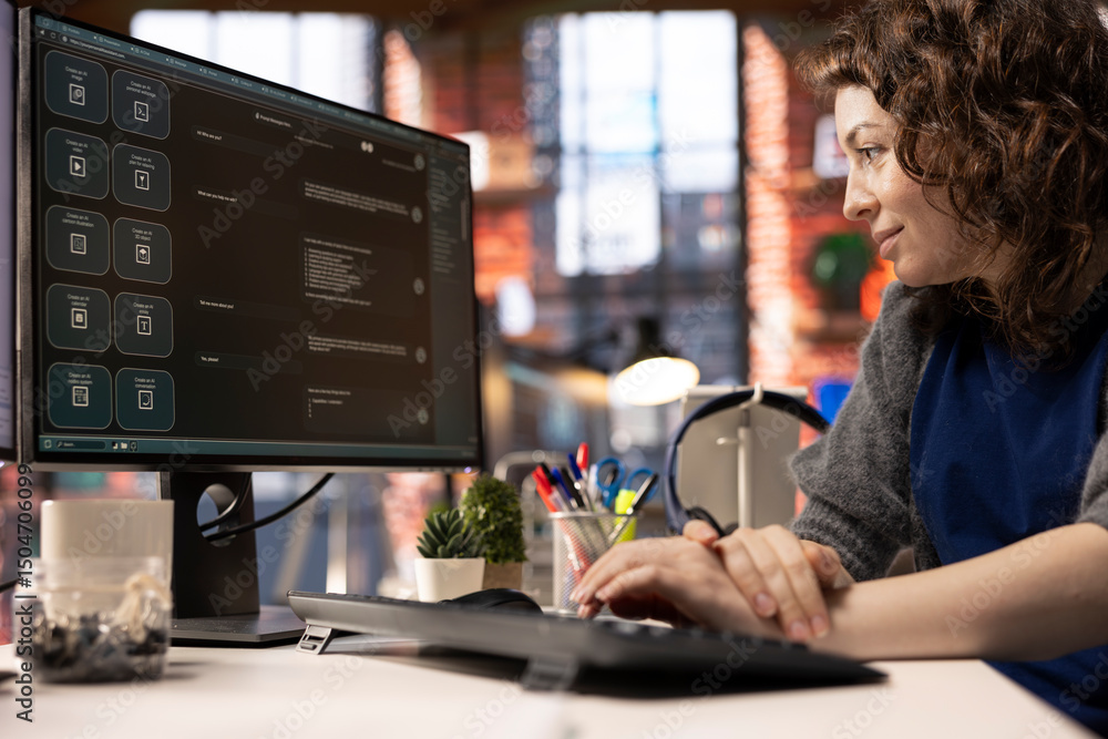 Poster worker uses ai chatbot system on a computer to guide her through problem solving tasks, futuristic t