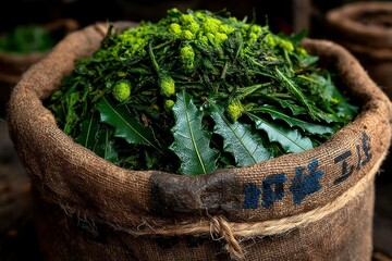 Naklejka premium Fresh Herbs in a Woven Basket A Vibrant Display of Greenery for Culinary and Natural Uses
