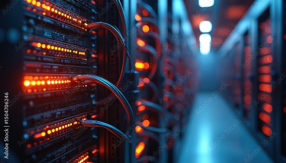 Poster server room illustration with network cables lights. modern cyberspace data center design. computer 