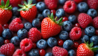 Vibrant assorted berries mix overhead. Fresh strawberries, blueberries, raspberries, blackberries, red currants. Healthy organic food, summer diet, fruit collection. Tasty berries, healthy eating,