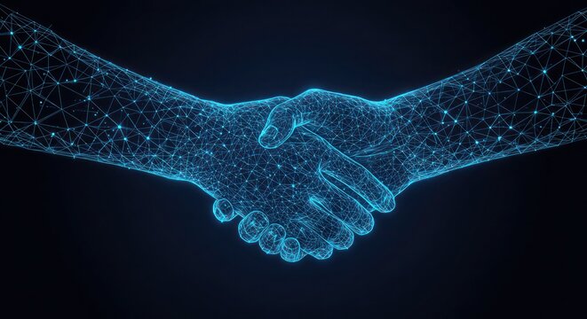 Digital handshake symbolizes connection and unity