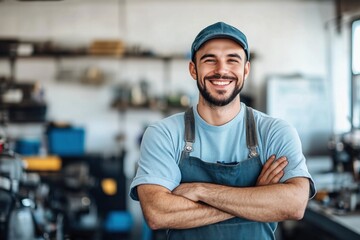 Portrait of smiling mechanic with folded arms in workshop