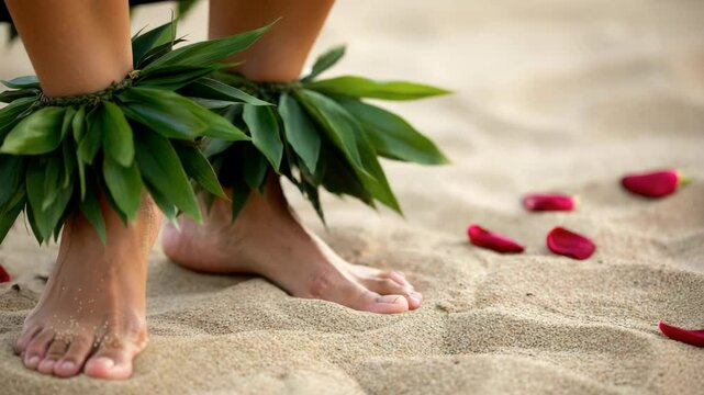Close-up of feet in traditional leaf anklets on sandy beach with scattered red petals