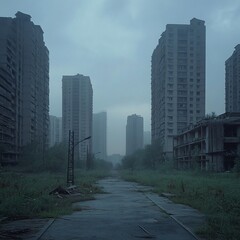 Fototapeta premium Urban Decay: A haunting view of abandoned buildings under a foreboding sky landscape
