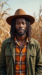 Obraz premium Young black man with dreadlocks stands in a field. Farmer wears brown hat plaid shirt. Autumn or fall harvest season. Agronomy agriculture farm, countryside, outdoors.