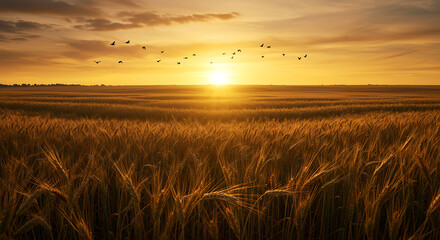 Obraz premium Golden wheat field sunset with birds in flight