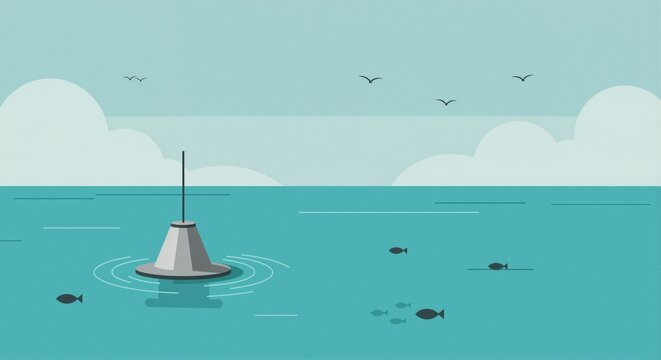 Stylized illustration of a wave energy attenuator in calm ocean waters