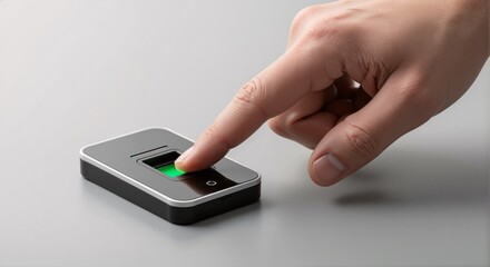 Hand pressing fingerprint biometric reader on grey surface, close-up view