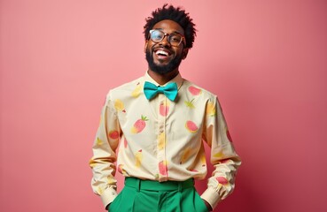 Waist-up portrait man with quirky expression, fruit themed shirt, bow tie. Smiling person in glasses, casual stylish clothes. Vibrant color background, creative, confident, unique, individual with
