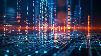 Abstract digital cityscape with blue gridlines and orange glowing elements, creating a futuristic, interconnected network visualization - Powered by Adobe